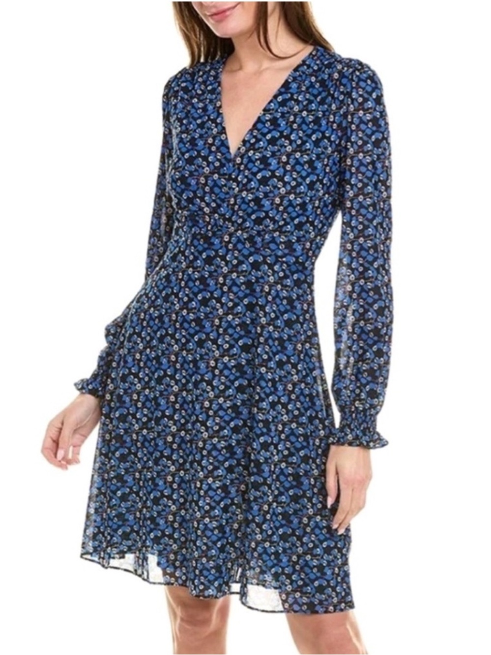 Cabi 5772 The Ten Mesh Puff Sleeve Dress in Blue Floral Size Medium